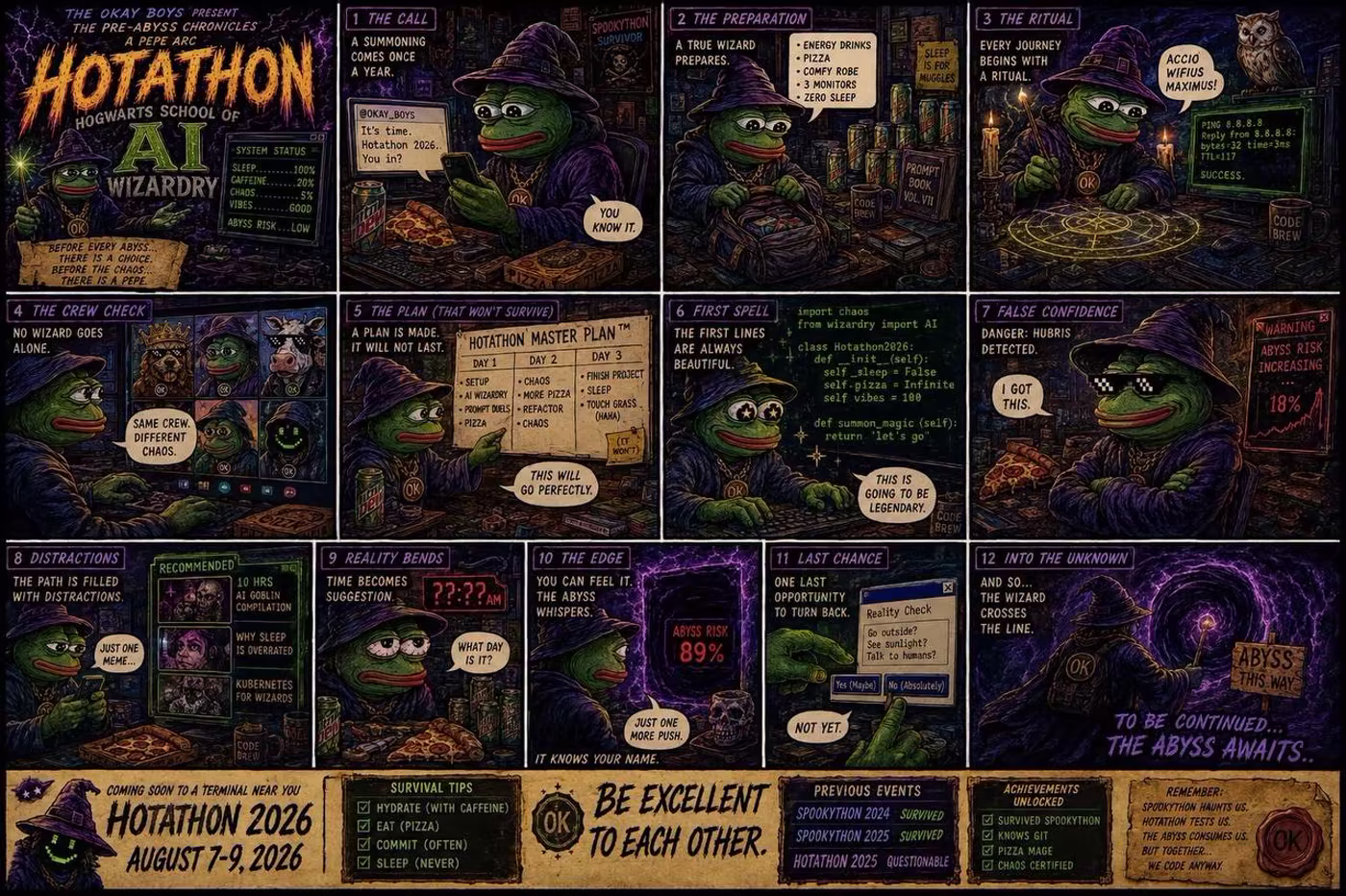 A twelve-panel Hotathon story following a wizard from the call and the ritual, through the plan that won't survive, and into the abyss